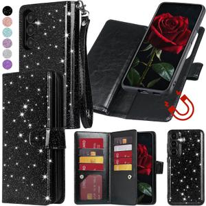 Varikke for Galaxy S24 Wallet Case Detachable with Card Holder for Women, Fashion PU Glitter Leather Strap Magnetic Flip Wallet Removable Phone Case Cover for Samsung Galaxy S24 5G 6.2", Black