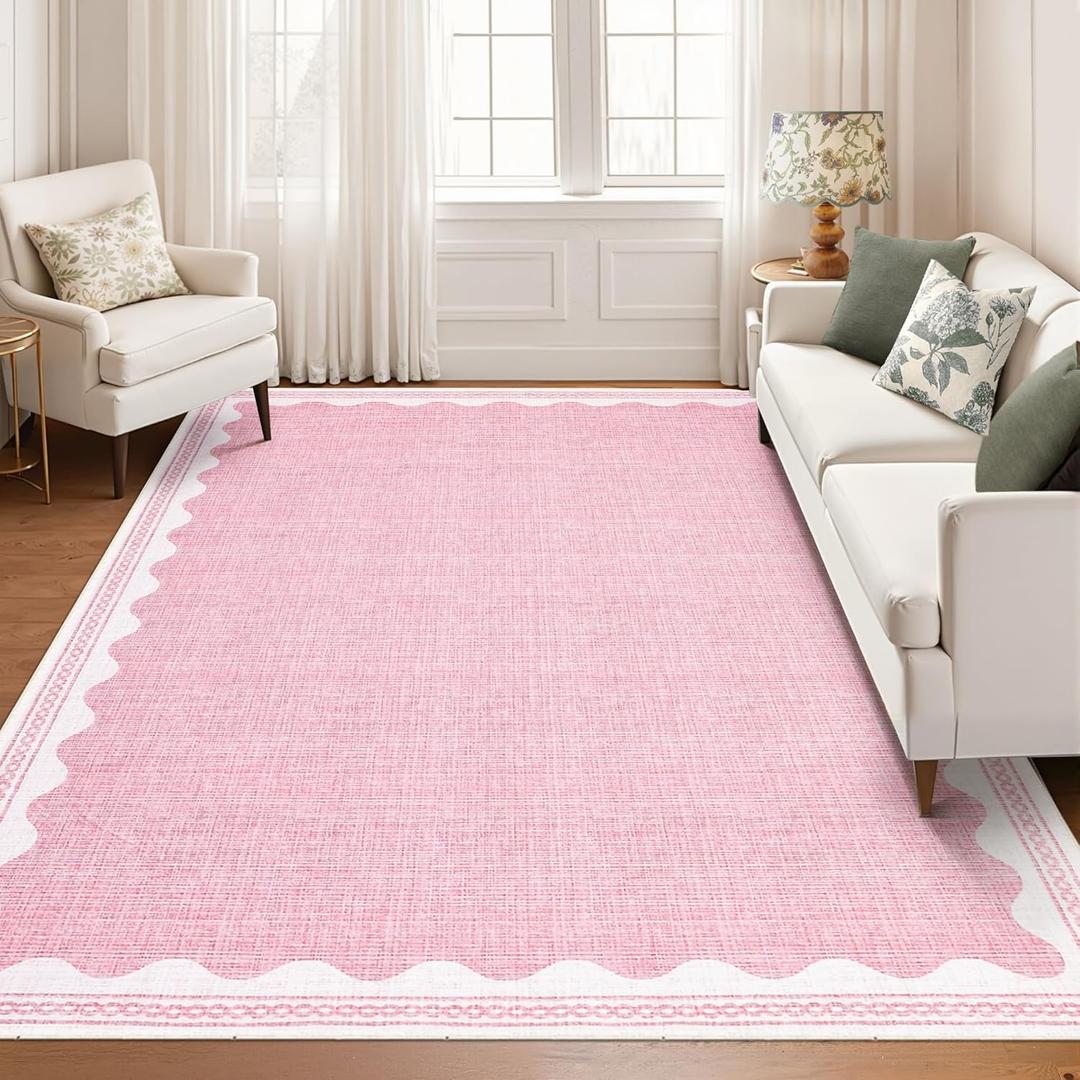GarveeHome Scalloped Washable 8x10 Rugs for Living Room Non-Slip Solid Pink Modern Minimalism 8 x 10 Rug Low-Pile Carpet for Bedroom Dining Nursery Mat with Rubber Back
