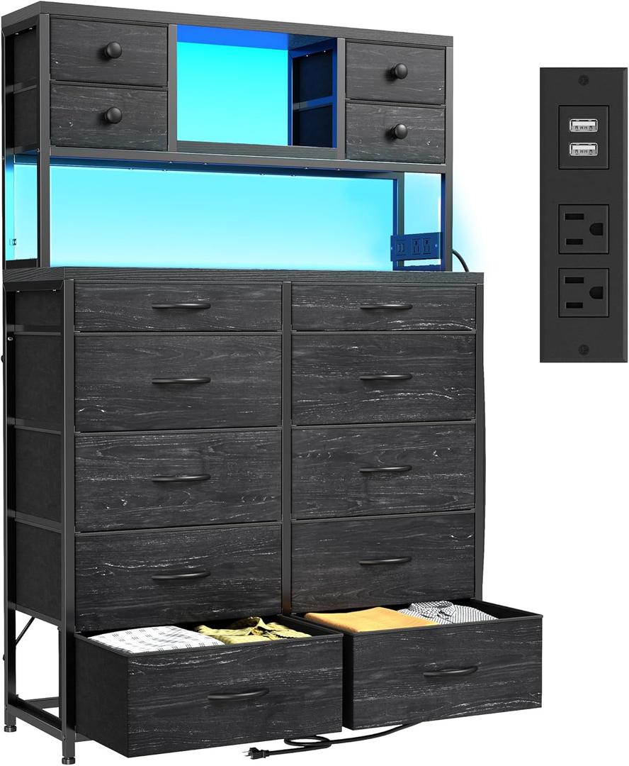 Black Dresser with Multiple Fabric Drawers, Dresser for Bedroom with Charging Station and LED Lights,Dressers & Chests of Drawers for Bedroom, Steel Frame & Wooden Top, Entryway