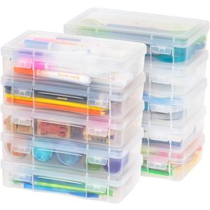 IRIS USA Pencil Case Plastic Pouch Box Storage Organizer for Beads, Pens, and Art Supplies, 10-Pack, Stackable Container with Snap Lid for Jewelry, Stickers, and Tackle Box, Clear, Medium