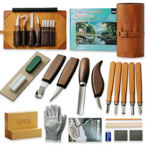 Wood Carving Kit, 24Pcs Wood Carving Tools Set with Leather Storage Bag, Wood Carving Set 4 Wood Carving Knives 5 Chisels 9 Blocks, Whittling Kit for Beginners Enthusiasts Adults Kids Gift DIY