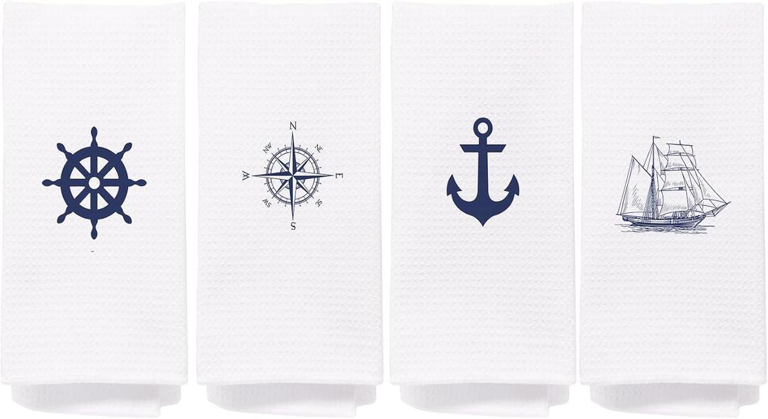 Nautical Ship Steering Wheel Compass Anchor Sailboat Dish Cloths Towels 24x16 Inch Set of 4,Nautical Decor Decorative Dish Hand Towels for Coastal House Kitchen,Sea Lover Gifts