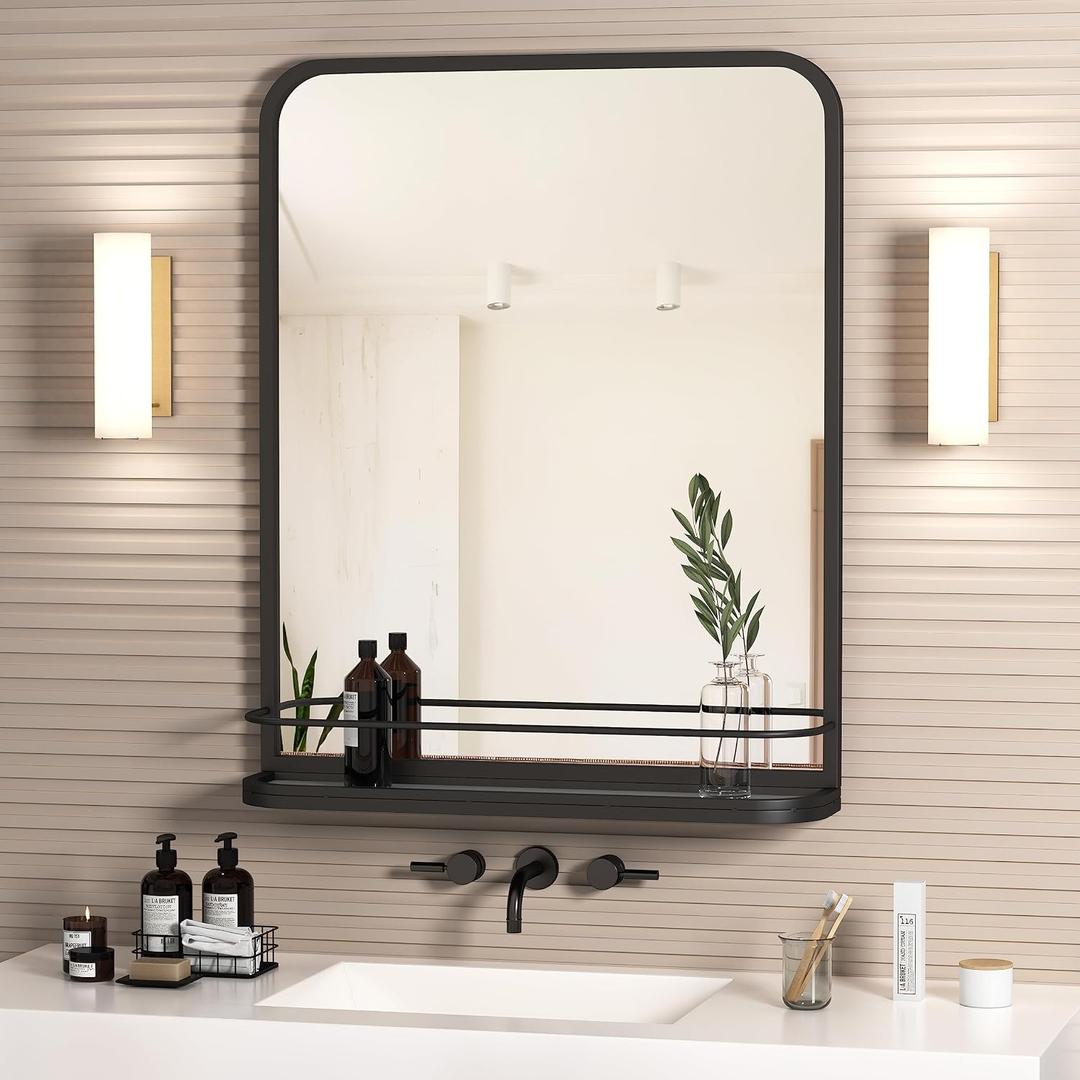 Large Bathroom Mirror with Shelf, Matte Black Modern Farmhouse Bathroom Vanity Mirror for Wall, Rectangle Metal Framed Rounded Corner Wall Mirror for Bathroom Living Room,Entryway 25" x 30.7"