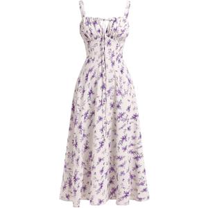 Women Floral Corset Dress Sleeveless Square Neck Spaghetti Straps Dress Boho Holiday Flowy Midi Bustier Sundress (X-Large, Apricot & Purple Floral)