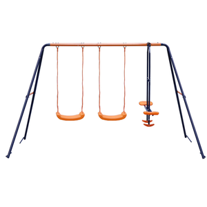 Double Swings Set Sturdy Metal Swing w/1 Seesaw Set for Children Outdoor Play