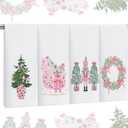 4 Pcs Chinoiserie Christmas Hand Towels for Kitchen Christmas Tree Wreath Nutcracker Sleigh Hand Towels Cute Soft Absorbent for Bathroom Kitchen Decor (Pink)