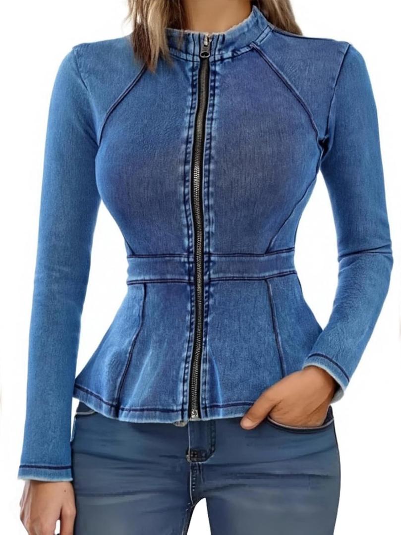Casual Denim Peplum Jacket for Women Long Sleeve Zip Front Athletic Workout Ruffle Blazer Coats (Large, Mid Blue)