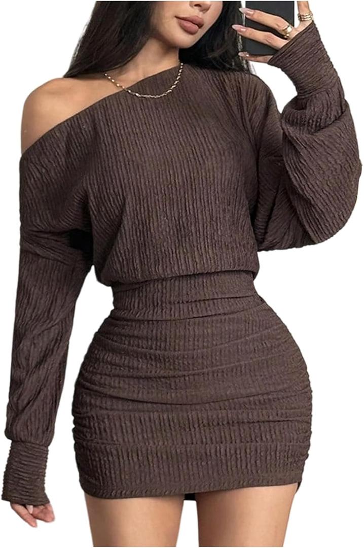 Milumia Women's Off Shoulder Fall Dress Asymmetrical Long Sleeve Ruched Bodycon Pencil Mini Dresses Chocolate Brown Petite M