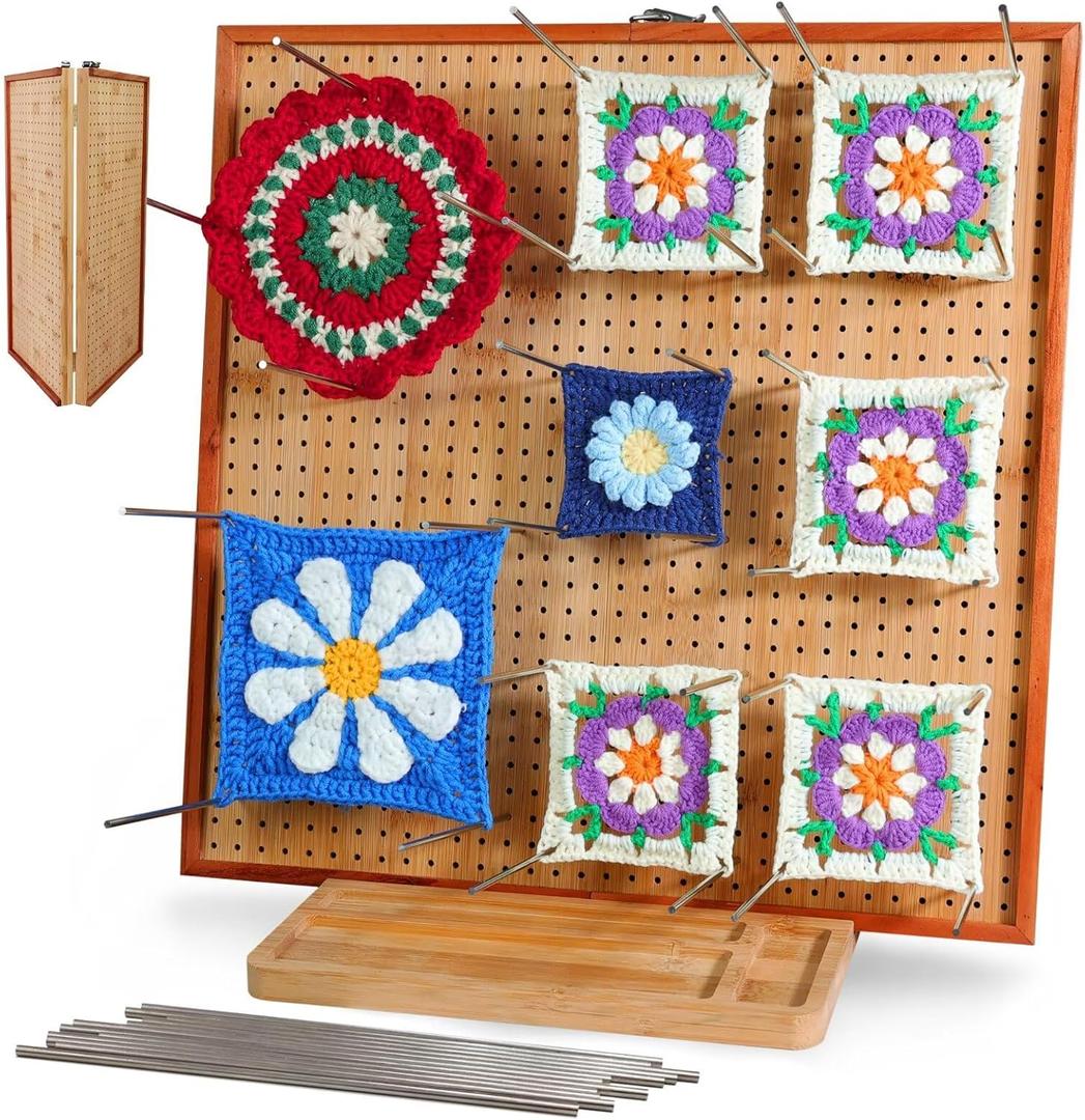 HHSarioneiro 15.6" Crochet Blocking Board with 16 Pins/Pegs, Blocking Boards for Crochet Projects, Wooden Crocheting Accessories Gifts for Crocheters