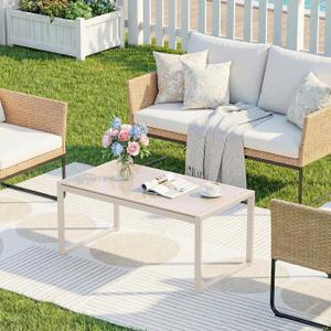 ONBRILL Rectangle Coffee Table with Tempered Glass Desktop, Galvanized Frame Outdoor Coffee Table with Adjustable Feet for Patio, Balcony, Deck, Living Room, Sand