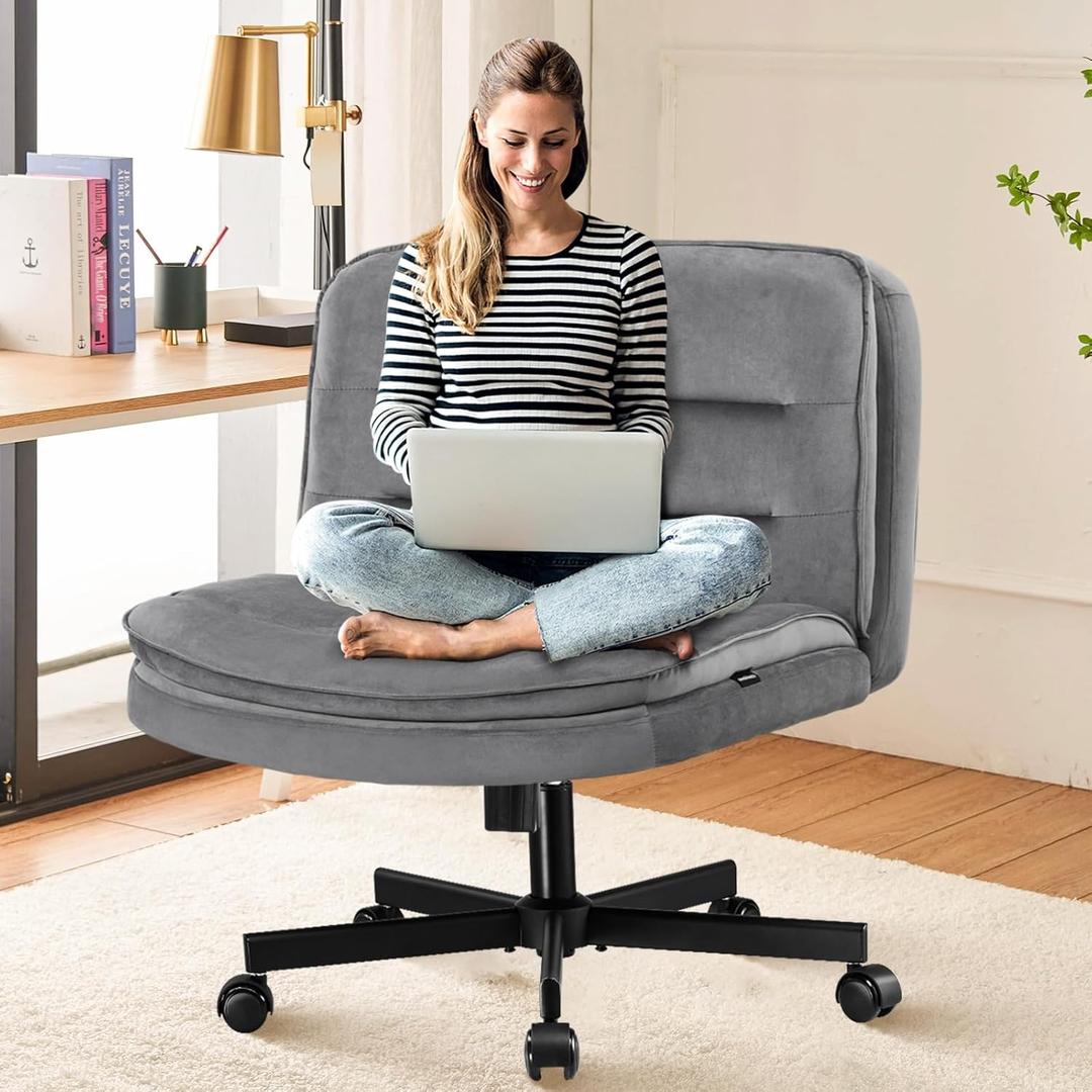 COMHOMA Criss Cross Chair with Wheels Armless Cross Legged Office Chair Wide Home Office Desk Chair Swivel Comfy Vanity Desk Chair Height Adjustable Mid Back Wide Seat Computer Task Chair (Gray Velvet)