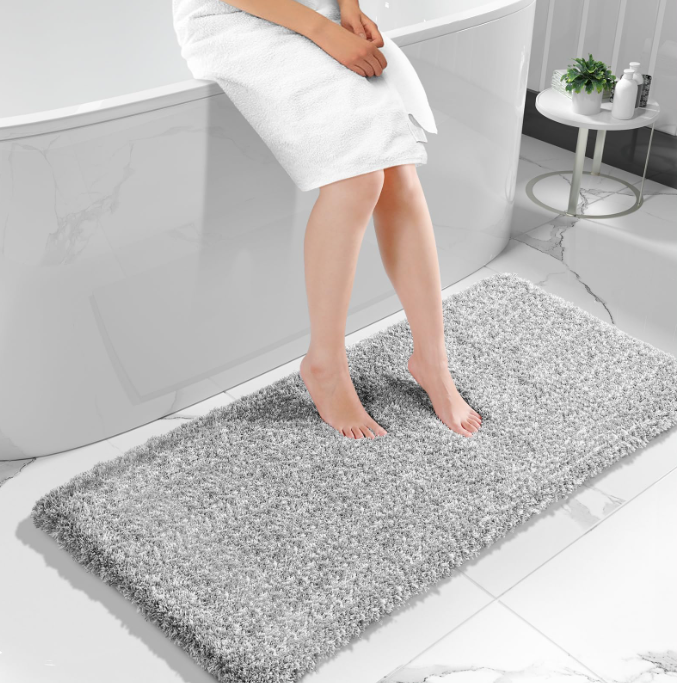 Bathroom Rugs Non Slip Washable 23x70, Ultra Soft and Water Absorbent Bath Mats, Plush Fluffy Shower Mat Outside, Microfiber Thick Matts for Bathroom Floor/Sink, White & Grey Color