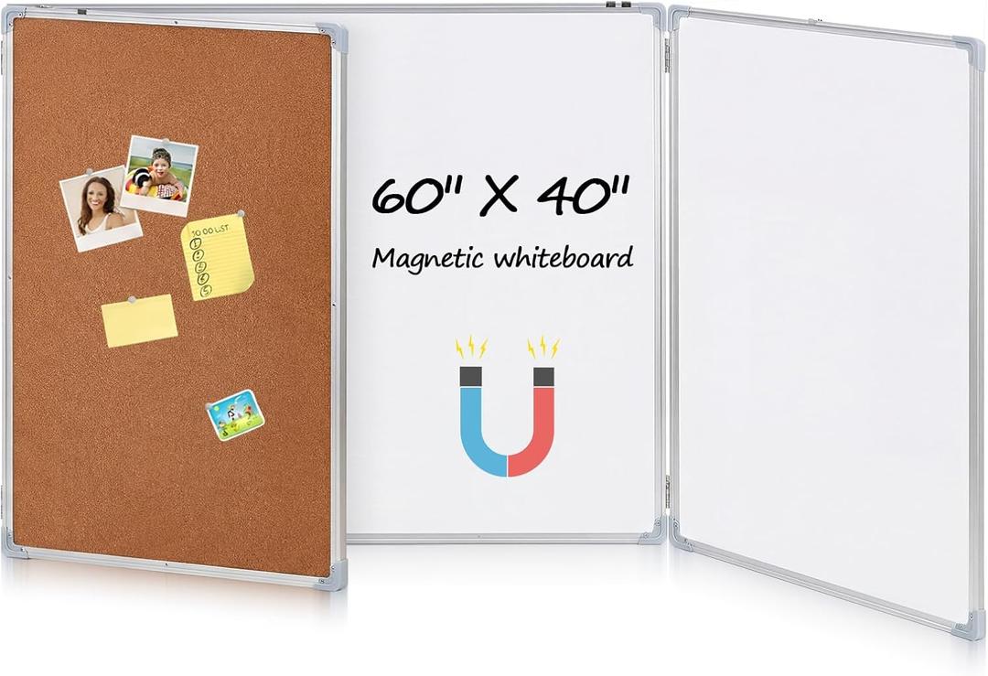 Mooliwe 60"x40" Tri-fold Cork Board Whiteboard Combo, Foldable Combination Magnetic Dry Erase Bulletin Board & Corkboard with Aluminum Frame Wall Mounted for Home, Office and School(Wood)