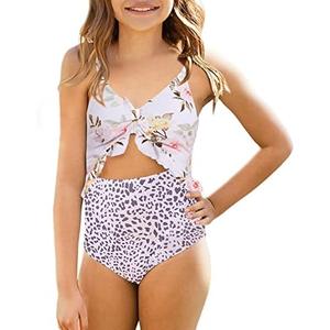 Saodimallsu Girls One Piece Cutout Ruffle Swimsuits Kids Floral High Waisted Tie Front Bathing Suits,Size 160