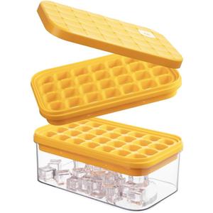 Brigii Ice Cube Tray with Lid&Bin, Ice Cube Mold with 56 Cubes, Stackable Ice Trays for Freezer with Easy-Release Silicone Bottom, for Drinks, Coffee, cocktail (Orange)