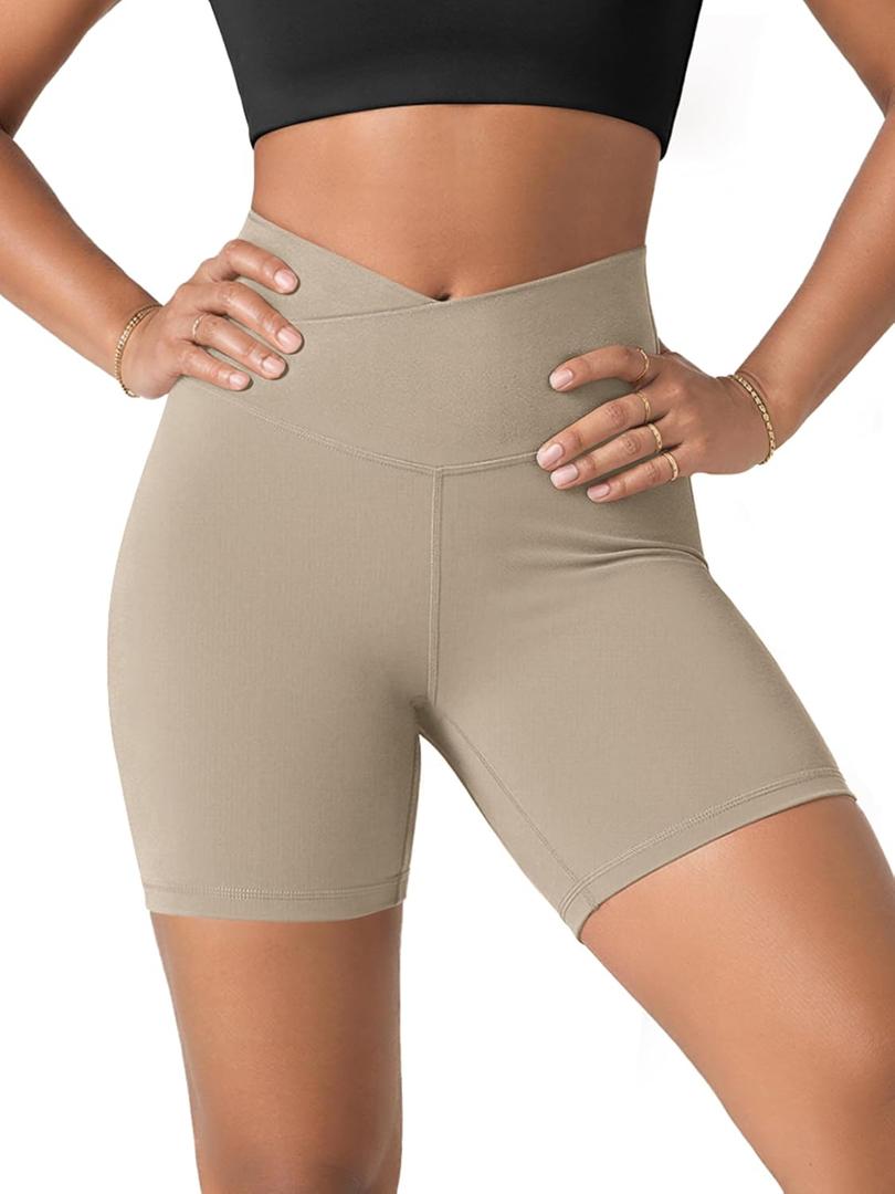 ODODOS Women's Crossover Yoga Shorts with Back Pocket, 6" Buttery Soft V High Waist Lounge Biker Shorts, Shaker Beige, Small