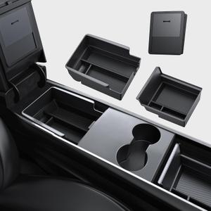 BASENOR 3PCS Tesla Model Y Model 3 Center Console Organizer [Carbon Fiber Edition] Armrest Hidden Storage Box, Custom for Model Y 2021-2024 Tesla Model 3 2021-2023, Tesla Interior Accessories