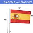 2 Pack Spain Car Flags 11" x 17" with Flagpole Mount,Premium 200D Polyester Spainish National Car Flag,19" Flagpole Fixed Window Clip Mount for Most Vehicle Window.