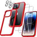 3 x UniqueMe [5 in 1 Design for iPhone 14 Pro 6.1 inch Case, 2 Pack Screen Protector Tempered Glass + 2 Pack Camera Lens Protector, [Non-Yellowing] Shockproof Ultra Thin Protective Cover - Red