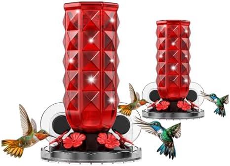 MrCrafts 2Pcs Window Hummingbird Feeder 16oz - Attract 8X More Hummingbirds with Red Diamond-Textured Glass, Ideal for Attracting Wild Birds Outdoor, Bird Watching Gift for Women & Nature Lovers