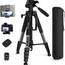 75" Camera Tripod, Heavy Duty Aluminum Camera Stand for ipad Phone, Travel Tripod with Remote/Carry Bag/Phone Tablet Holder, Compatible with DSLR, Spotting Scopes, Max Load 15 Lb (Grey)