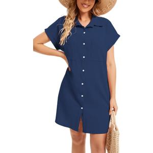Cocoinsity Women's Casual Cotton Linen Dress Button Down Short Sleeve V Neck Loose Dress Summer Tunic Mini Dresses (Blue, S)