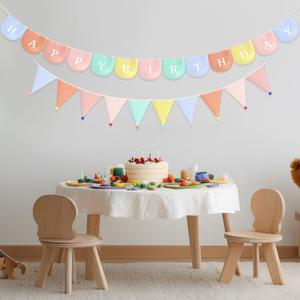 Tegeme 2 Pack Pre-Strung Happy Birthday Pennant Banner, Pastel Scallop Garland Rainbow Triangle Fabric Bunting with Pom Pom for Happy Birthday Party Decorations