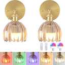 Vintage Battery Operated Wall Sconce with Amber Tulip Glass Lampshade Wireless Rechargeable Battery Powered Wall Light with Remote Control for Bedside Bedroom Doorway, Set of 2