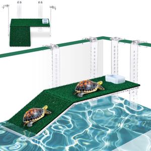 Adjustable Hanging Turtle Basking Platform with Artificial Grass 13 x 6.9 Inch Sturdy Acrylic Aquatic Reptile Ramp Dock Fits 0.3"-2" Thick Tank Salamander Frog Turtle Tank Accessories