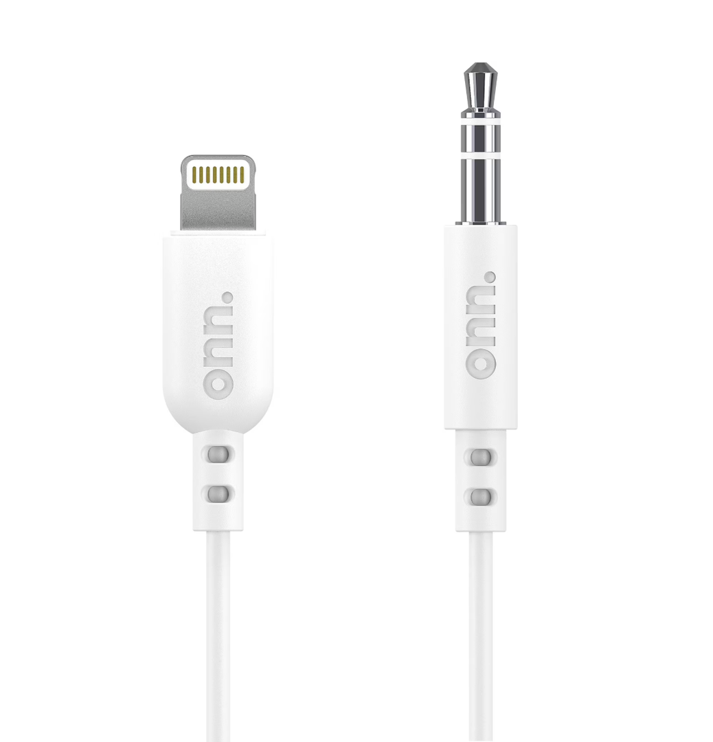onn 3ft Lightning to 3.5 mm Audio AUX Cable, MFI Certified, White - Compatible with iPhone 14/13/12/11/X/XR/XS/8/7/6/5, iPad, and more