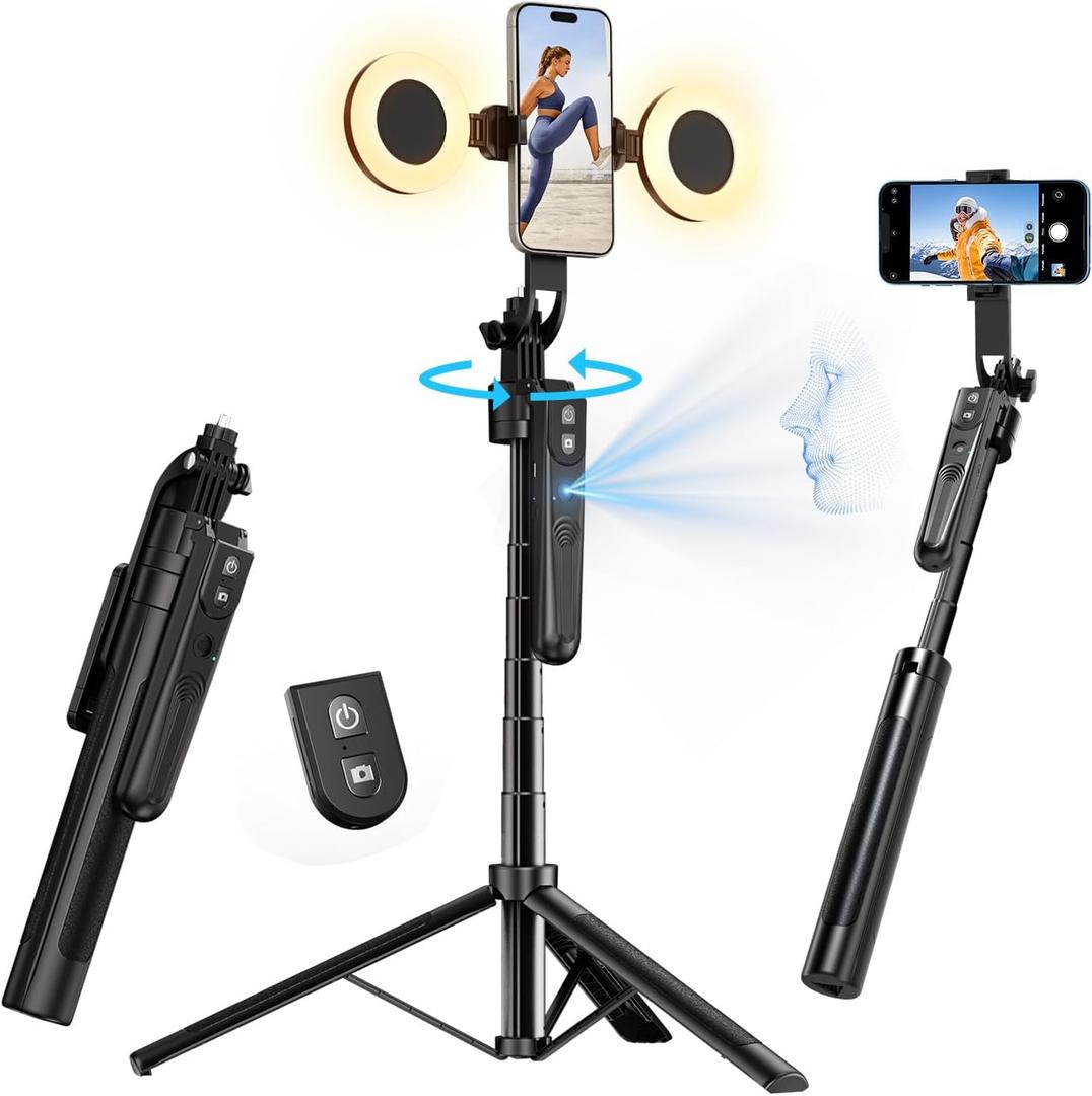 YAyusi 70.9" Auto Face Tracking Selfie Stick Tripod for iPhone with Light, No App, 360 Rotation Tripod That Follows Your Movement with Remote Control for Vlog/Live Stream/Video Recording