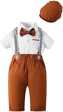 MOMMY'S NEW MAN Newborn Baby Boy Clothes Tuxedo Short Sleeve Gentleman Outfits 0-24M Shirt+Bowtie+Beret Hat+Suspender Pants 18-24 Mounths