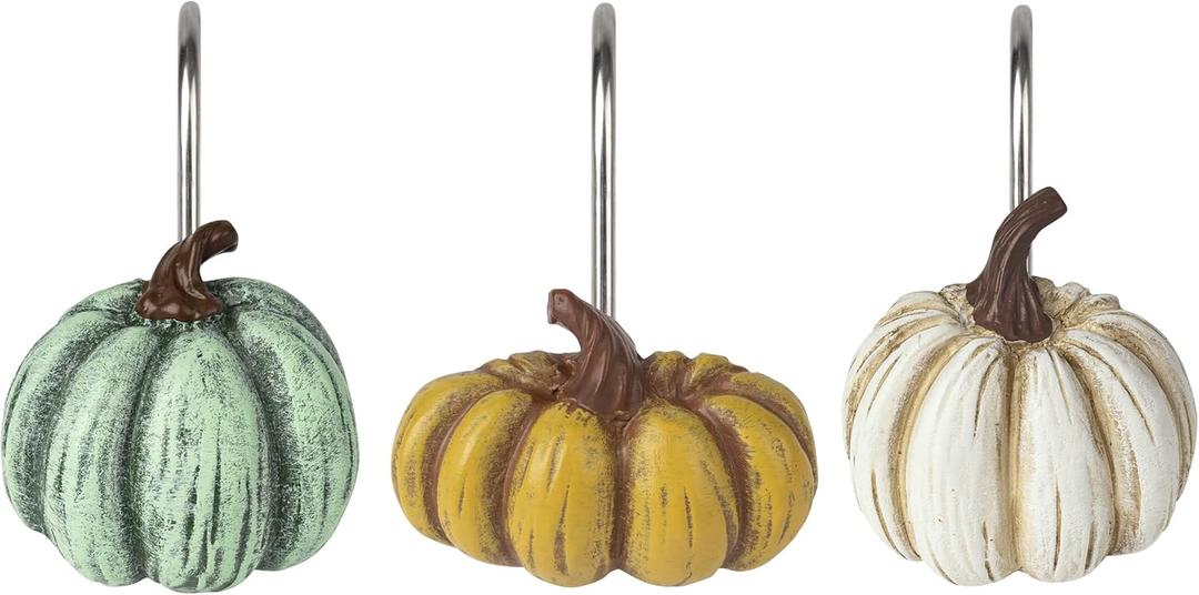 Sunlit Fall Pumpkin Decorative Shower Curtain Hooks, Autumn Harvest Festival Shower Curtain Rings, Resin, Pale Green White Yellow Farmhouse Bathroom Curtain Hangers Decoration, Set of 12