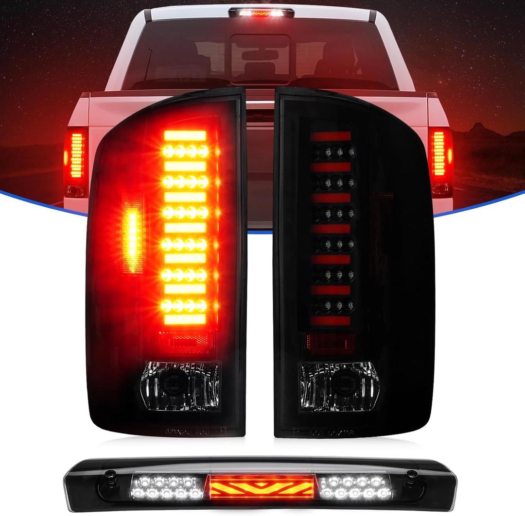 LED Tail Light + 3rd Brake Light Kit Fit for Dodge Ram 1500 2002-2006 / Fit for Dodge Ram 2500 3500 2003-2006 Rear Brake Cargo Lamp Taillight Assembly, Black Housing Smoke Lens