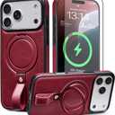 Butaiga for iPhone 17 Pro Leather Case with Stand, Anti-Slip Grip Ring, Fits for MagSafe (Burgundy, iPhone 17 Pro)