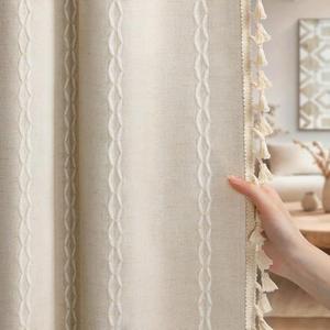 NDDYCU Boho Blackout Curtains Farmhouse Beige 2 Panels Curtains 84 Inch for Living Room, Linen Tassels Curtains Cotton Embroidery for Bedroom Rod Pocket Drapes Vintage Rustic Western Window