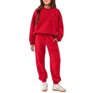 Arshiner Sweatsuits Girls 2 Piece Outfit Drop Shoulder Sweatshirt Sweatpants Fall Fashion Clothes Tracksuit Red Size 140