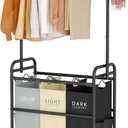 Tajsoon Laundry Sorter Cart with Hanging Clothes Rack, 3 Butler Sorter Basket Organizer, Laundry Hamper Cart with Heavy Duty Rolling Lockable Wheels