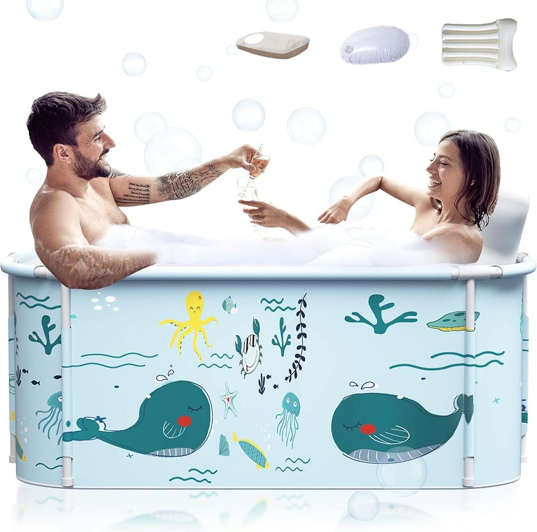 53" Extra Large Portable Foldable Bathtub with Cover for Adult, Family SPA Soaking Tub for Small Bathroom, Thicken Multiple Layer Bathtub with Lid for Shower Stall (Ocean Style SP4)