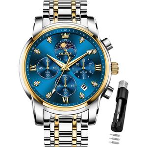 OLEVS Watch for Men Diamond Business Dress Analog Quartz Stainless Steel Waterproof Luminous Date Two Tone Luxury Casual Wrist Watch Blue