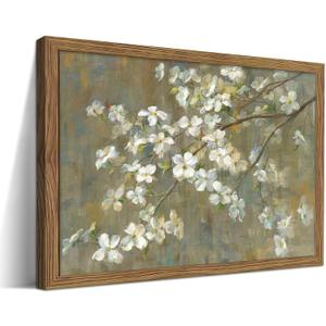 Wood Framed Vintage Floral Wall Art Neutral Green & Gray Flora Wall Decor, 36"L x 24"W