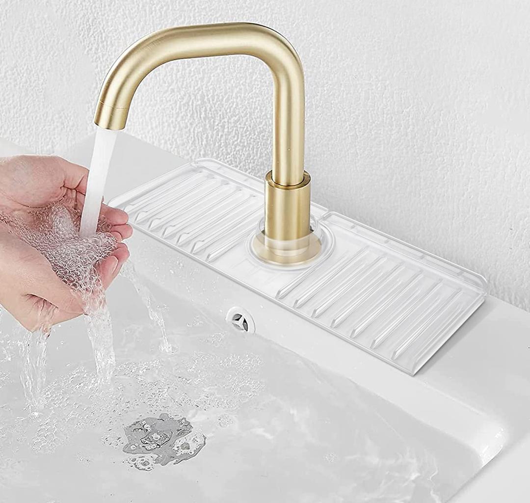 YATOISUR Sink Splash Guard 14.4 x 5.4 - Sink Faucet Mat with Faucet Water Catcher Mat & Soap Dish & Sponge Holder 3 in 1 - Silicone Faucet Handle Drip Catcher Tray for Kitchen RV & Bar Faucet, Clear