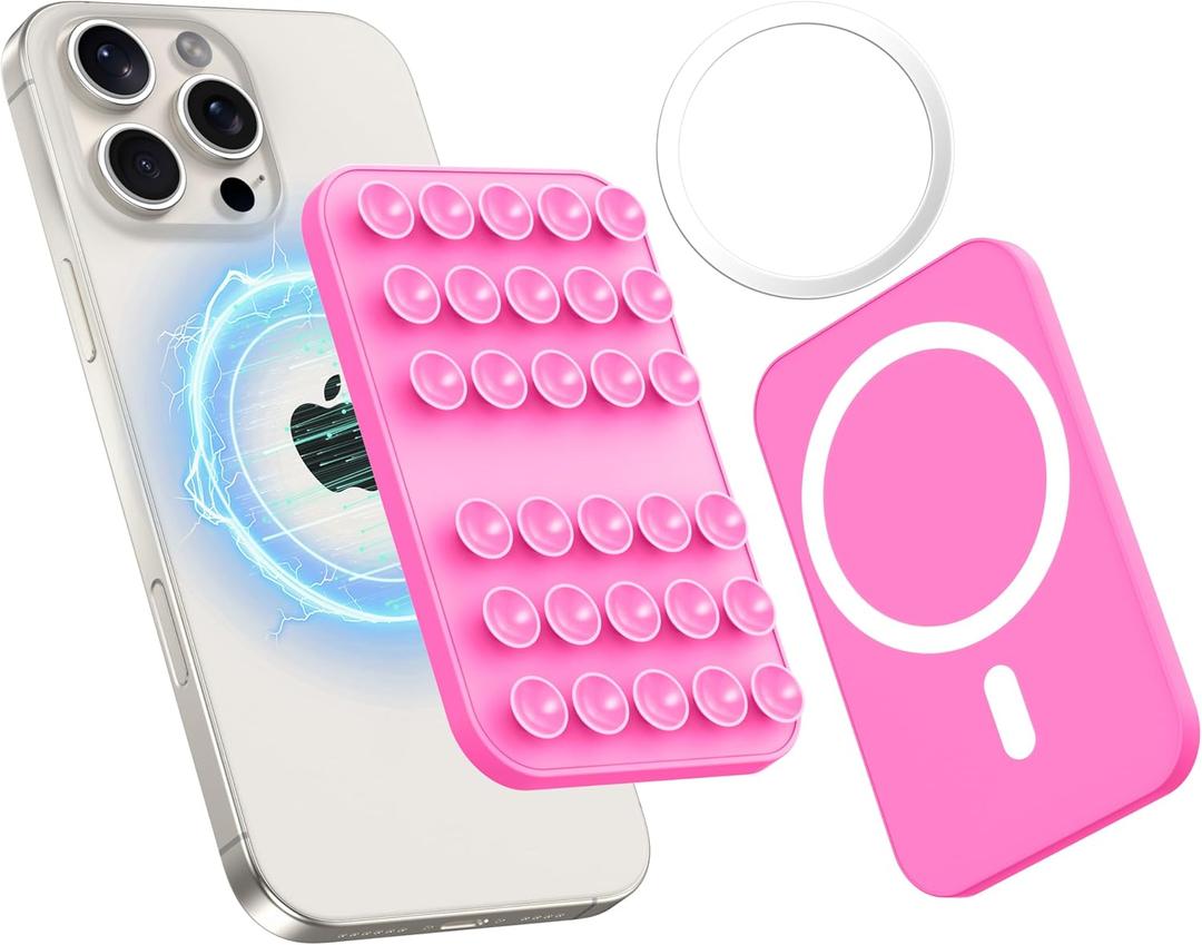 Patented Magnetic Sticky Phone Suction Grip Mount for MagSafe Case,Magnet Silicone Portable Stand Holder for iPhone 16/15/14/13/12 Series and Android, Hands-Free Selfies and Videos (Hot Pink)