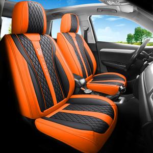 LGOSG Comfortable Leather Auto Car Seat Covers Front & Rear Seat Protector Fit Sedan SUV 5 Seats Full Set Universal Fit (Black Orange)