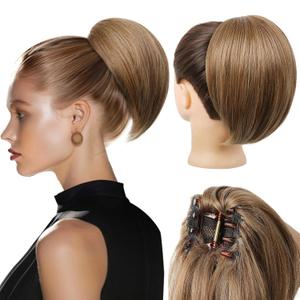 REECHO Ponytail Extension, 8" Short Mini Claw Clip Pony Tail Hair Extensions Natural Soft Feather-Light Tension-Free Ponytail Hairpiece for Women - Light Brown with Highlights