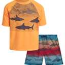 Big Chill Boys Swim Set - 2 Piece Quick Dry UPF50+ Protection Rash Guard Swim Shirt Short Sleeve and Swimming Trunks for Boys, Size 7, Orange Gradient Shark