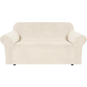 H.VERSAILTEX Stretch Velvet Loveseat Covers for 2 Cushion Couch Covers for Living Room Sofa Covers with Non Slip Straps Bottom, Ultra Thick Comfy Velour (Width 58"-72", Cream)