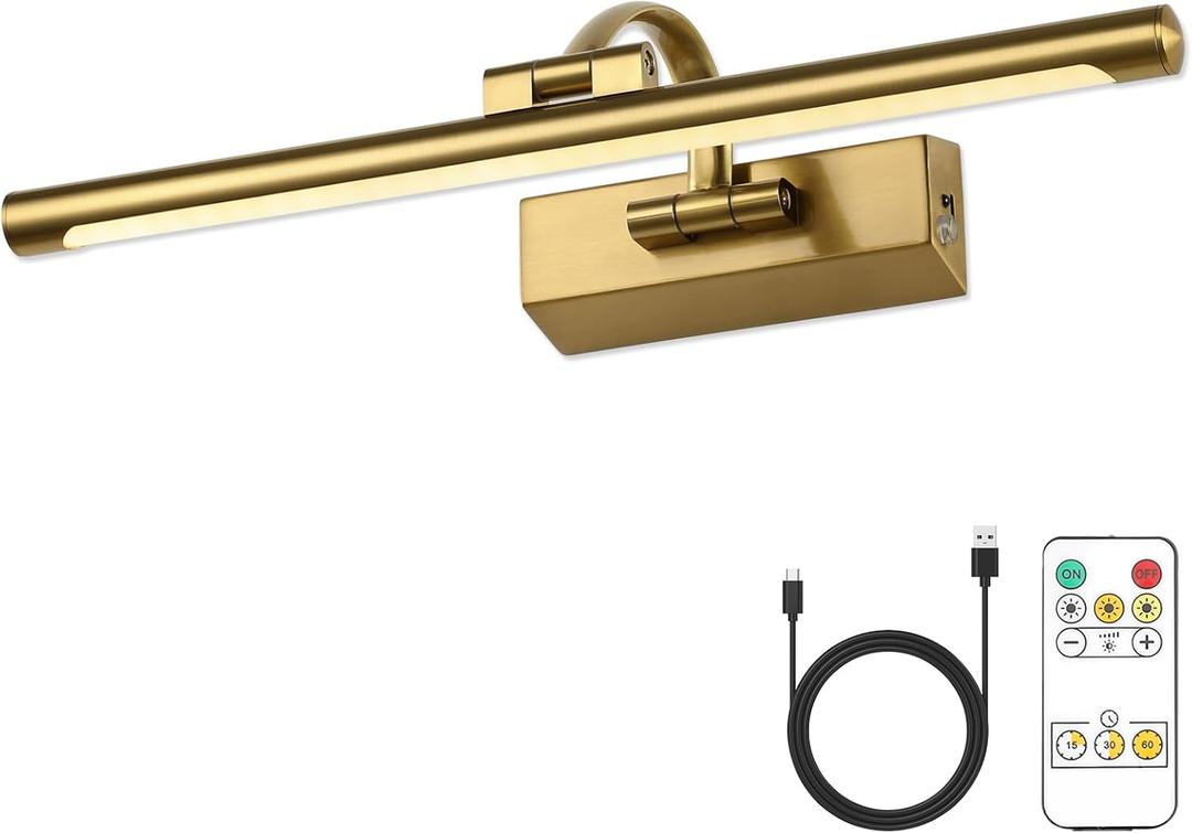 JUSHENG Wireless Picture Lights Battery Operated with Remote and Timer Brass Art Light with Swing Arm Rechargeable Gallery Lighting Artwork Lamp 15.75'' Inch 3W JUSHENG Wireless Picture Lights Battery Operated with Remote and Timer Brass Art Light with Swing Arm Rechargeable Gallery Lighting Artwork Lamp 15.75'' Inch 3W