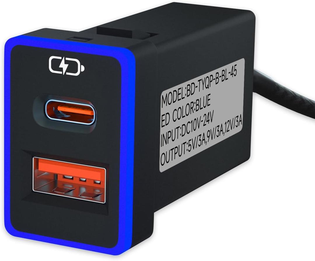 Car Charger PD QC3.0 Fast Charging Type c USB Port Socket,with LED Light Show for Toyota Compatible with Smart Phone,Tablet,and USB Device More.Blue-1.3x0.9inch