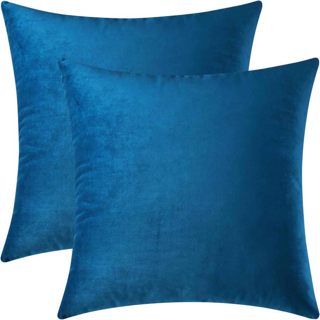 Mixhug Set of 2 Cozy Velvet Square Decorative Throw Pillow Covers for Couch and Bed, Blue, 18 x 18 Inches
